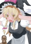  1boy 1girl apron black_hat black_vest blonde_hair bow braid commentary_request cookie_(touhou) cowboy_shot fang frilled_hat frills hair_between_eyes hair_bow hat hat_bow kebabu_01 kirisame_marisa leaning_forward long_bangs long_hair looking_at_viewer open_mouth pink_bow puffy_short_sleeves puffy_sleeves recitation_(cookie) shirt short_sleeves side_braid simple_background single_braid skirt skirt_set solo_focus touhou uzuki_(cookie) vest waist_apron white_apron white_background white_shirt witch_hat yellow_eyes 
