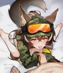  1girl absurdres after_fellatio animal_ears armband blush breasts brown_hair callisto_(greyeth) camouflage commission cum cum_in_mouth digital_camouflage flaccid fox_ears fox_tail highres looking_at_viewer multicolored_hair ninai original penis smug streaked_hair tail tongue tongue_out yellow_armband 