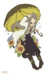  1girl ;d arknights arm_up black_skirt blue_flower boots brown_choker brown_footwear brown_hair brown_shirt choker coat commentary elf elysiium english_commentary flower full_body grey_coat highres holding holding_umbrella knee_boots lab_coat leaning leaning_forward long_hair long_sleeves looking_at_viewer mole mole_under_eye muelsyse_(arknights) one_eye_closed open_clothes open_coat parasol plant pointy_ears purple_flower shirt sidelocks simple_background skirt smile solo split_mouth strap sunflower twitter_username umbrella white_background 