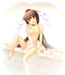  barefoot blush breasts breasts_apart brown_hair hat looking_at_viewer medium_breasts nu_(plastic_eraser) nude onsen open_mouth pussy red_eyes see-through shameimaru_aya short_hair solo tokin_hat touhou towel wet wings 