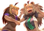  2girls :/ ahoge animal_ears arms_up barbary_lion_(kemono_friends) bare_arms big_hair blonde_hair breasts brown_hair buttons cape_lion_(kemono_friends) claw_pose closed_mouth colored_tips commentary_request cropped_shirt crossed_arms fangs from_below fur_collar glowing glowing_eyes green_necktie hair_between_eyes kashisu_mint kemono_friends large_breasts lion_ears lion_girl lion_tail long_hair looking_at_viewer midriff multicolored_hair multiple_girls navel necktie open_clothes open_mouth open_vest orange_eyes parted_bangs plaid plaid_necktie plaid_trim purple_necktie scar scar_on_arm scar_on_cheek scar_on_face shirt short_sleeves side-by-side stomach sweater_vest tail tan teeth torn_clothes torn_sleeves two-tone_hair unbuttoned upper_body upper_teeth_only v-shaped_eyebrows vest 