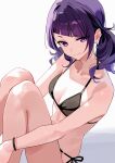  1girl bare_arms bare_legs bare_shoulders bikini black_bikini breasts commentary_request diagonal_bangs highres hugging_own_legs idolmaster idolmaster_shiny_colors kinjin knees_up long_hair looking_at_viewer medium_breasts purple_eyes purple_hair solo swimsuit tanaka_mamimi twintails white_background 