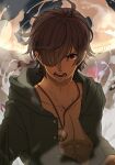  1boy abs ahoge angry araragi_koyomi arena artist_name black_hair black_sky casual commentary green_jacket hair_over_one_eye highres hood hood_down jacket jewelry kizumonogatari looking_at_viewer male_focus messy_hair monogatari_(series) muscular muscular_male necklace night no_shirt open_clothes open_jacket open_mouth peace_symbol pectorals pendant red_eyes shouting sky smoke solo standing steam twitter_username upper_body v-shaped_eyebrows watermark yoruno_mani 