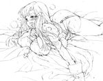  bed_sheet blush breasts chaotic-unknown cross cross_hair_ornament cross_necklace graphite_(medium) greyscale hair_ornament heavy_breathing huge_breasts jewelry kannagi long_hair monochrome necklace necktie open_mouth sheet_grab solo tight traditional_media zange 