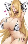  1girl absurdres animal_ears animal_print armpits arms_behind_head arms_up bell bikini black_choker blonde_hair blush breasts choker condom condom_belt condom_in_mouth cow_ears cow_horns cow_print cow_print_bikini cowbell cynthia_(pokemon) elbow_gloves gloves grey_eyes hair_ornament hair_over_one_eye heart heart-shaped_pupils highres horns huge_breasts long_hair looking_at_viewer micro_bikini mihiro_(mitumitu3232ish) mouth_hold navel neck_bell pokemon pokemon_dppt print_bikini simple_background sitting solo stomach sweat swimsuit symbol-shaped_pupils used_condom very_long_hair white_background 