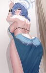  1girl absurdres ako_(blue_archive) ako_(dress)_(blue_archive) arms_up ass ass_focus backless_dress backless_outfit blue_archive blue_dress blue_eyes blue_hair blue_halo blush bracelet breasts butt_crack closed_mouth dress from_behind from_below halo highres jewelry large_breasts looking_back official_alternate_costume purple_nails sideboob solo thighs xiiinaam_98 