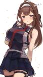  1girl ahoge artist_name black_skirt blush breasts brown_hair chest_harness cosplay cowboy_shot harness kantai_collection kongou_(kancolle) large_breasts long_hair looking_at_viewer necktie parted_lips pleated_skirt purple_eyes red_necktie shigure_(kancolle) shigure_(kancolle)_(cosplay) shigure_kai_san_(kancolle) shigure_kai_san_(kancolle)_(cosplay) signature simple_background skirt sleeveless solo white_background wss_(nicoseiga19993411) 