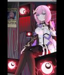  1girl absurdres bamanul black_footwear black_shorts blue_eyes blue_hair breasts cleavage clothing_cutout elf elysia_(honkai_impact) english_text hair_ornament herrscher_of_corruption highres honkai_(series) honkai_impact_3rd light_smile long_hair looking_at_viewer monitor pink_hair pink_pupils pointy_ears poster_(object) shorts side_cutout wanted 