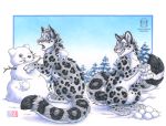  2019 digital_media_(artwork) domestic_cat felid feline felis feral fluffy_tails fur kacey leopard mammal pantherine smile snow snow_leopard snowball snowman spots spotted_fur teeth winter 
