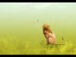  animal commentary_request facing_away full_body grasslands green_background letterboxed lion metamon1996 no_humans original outdoors savannah sitting solo_focus 