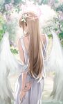  1girl absurdres angel_wings arms_behind_back blue_archive dress feathered_wings flower from_behind hair_flower hair_ornament halo highres light_brown_hair long_hair nagisa_(blue_archive) ori_(0rizuru) pink_flower pink_halo solo white_dress white_flower white_wings wings 