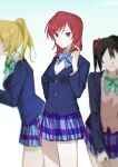  3girls ayase_eli black_hair blonde_hair blue_jacket blue_ribbon blue_skirt blurry blurry_background breasts brown_sweater_vest chinese_commentary closed_mouth collared_shirt commentary_request green_ribbon highres jacket kyoko_(akakikyoko) light_particles love_live! love_live!_school_idol_project medium_breasts medium_hair miniskirt multiple_girls neck_ribbon nishikino_maki no_eyes open_clothes open_jacket open_mouth otonokizaka_school_uniform plaid plaid_skirt pleated_skirt ponytail purple_eyes red_hair ribbon school_uniform shirt simple_background skirt smile striped_ribbon sweater_vest white_background white_shirt yazawa_nico 