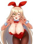 1girl :3 animal_ears blonde_hair bow bowtie breasts brown_pantyhose detached_collar double_v fake_animal_ears fishnet_pantyhose fishnets goriate highres large_breasts leotard long_hair nijisanji nui_sociere one_eye_closed pantyhose playboy_bunny rabbit_ears red_bow red_bowtie red_leotard simple_background smile solo strapless strapless_leotard v virtual_youtuber white_background wrist_cuffs yellow_eyes 