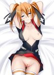  blue_eyes blush breasts decensored large_breasts lyrical_nanoha mahou_shoujo_lyrical_nanoha_strikers no_panties open_clothes open_shirt orange_hair pussy shirt smile solo teana_lanster thigh_gap thighhighs third-party_edit uncensored 