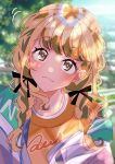  1girl :3 blonde_hair blush braid fujita_kotone gakuen_idolmaster hair_ribbon highres idolmaster jacket long_sleeves looking_up m_u_u_713 multicolored_clothes multicolored_jacket open_clothes open_jacket outdoors ribbon shirt solo twin_braids upper_body yellow_shirt 