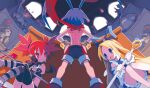  1boy 2girls angel bat_wings blonde_hair blue_eyes bracelet demon_boy demon_girl demon_tail demon_wings disgaea earrings elbow_gloves etna_(disgaea) flonne ghost_(disgaea) gloves hair_between_eyes hands_on_own_hips harada_takehito highres holding holding_staff horseman_(disgaea) jewelry laharl makai_senki_disgaea multiple_girls official_art pointy_ears prinny red_eyes red_hair red_shorts shorts skirt skull_earrings smile staff tail thighhighs topless_male twintails wings 