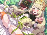  1girl blonde_hair blush book boris_(noborhys) breasts butterfly_hair_ornament celine_(fire_emblem) commentary_request crown fire_emblem fire_emblem_engage green_eyes hair_ornament highres holding holding_book long_hair open_mouth outdoors panties sitting small_breasts solo spread_legs teeth thighhighs thighs underwear upper_teeth_only very_long_hair white_panties 
