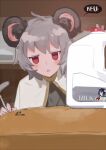  1girl animal_ear_fluff animal_ears commentary_request cookie_(touhou) english_text grey_hair kebabu_01 kofji_(cookie) looking_at_viewer medium_bangs milk milk_(cookie) mouse_ears mouse_girl murasa_minamitsu nazrin open_mouth red_eyes shelf short_hair solo table touhou upper_body 