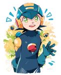  1boy blue_bodysuit blue_helmet bodysuit cowboy_shot flower green_eyes helmet highres light_blush male_focus mega_man_(series) mega_man_battle_network_(series) megaman.exe met_(mega_man) open_mouth solo teeth upper_teeth_only yukikokoro 