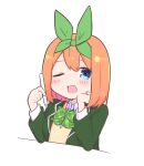  ;d blazer blue_eyes blush bow collared_shirt commentary_request eyebrows_hidden_by_hair go-toubun_no_hanayome green_bow green_hairband green_jacket green_ribbon hair_ribbon hairband hands_up holding holding_stylus jacket kujou_karasuma long_sleeves looking_at_viewer nakano_yotsuba one_eye_closed open_clothes open_jacket orange_hair ribbon school_uniform shirt simple_background smile stylus sweater_vest upper_body white_background white_shirt 