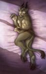  2019 anthro bed claws demon fangs furniture gargoyle hi_res high-angle_view horn looking_at_viewer lying male mammal on_bed on_bedding on_side pawpads solo tail tail_tuft teeth tuft zenthetiger 