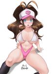  1girl achromaru alternate_breast_size antenna_hair arm_support baseball_cap big_hair bikini blue_eyes blush breasts breasts_apart brown_hair collarbone embarrassed from_above hat highleg highleg_bikini highres hilda_(pokemon) large_breasts leaning_back long_hair looking_at_viewer navel nose_blush open_mouth pokemon pokemon_bw sitting solo spread_legs stomach swimsuit 