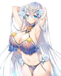  1girl armpits arms_behind_head arms_up bare_shoulders bikini blue_eyes blush breasts cleavage closed_mouth commission cowboy_shot detached_collar elf flower grey_hair hair_flower hair_ornament highres huge_breasts long_hair looking_at_viewer munlu_(wolupus) navel original pointy_ears rose see-through see-through_bikini simple_background skeb_commission solo stomach swimsuit white_background white_flower white_rose 