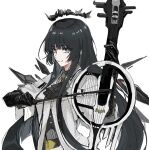  1girl arknights ascot black_ascot black_gloves black_hair bright_pupils commentary_request gloves grey_eyes highres holding holding_instrument instrument long_hair shirt simple_background solo soramaru_310 upper_body very_long_hair virtuosa_(arknights) white_background white_pupils white_shirt 