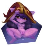  absurd_res bodily_fluids breasts clothing crouching exposed_armpit female genital_fluids hair hat hat_only headgear headgear_only headwear headwear_only hi_res humanoid league_of_legends leaking_pussy_juice lifting_hat looking_at_viewer lulu_(lol) mostly_nude navel purple_body purple_hair raised_arm riot_games simple_background small_breasts smile smiling_at_viewer solo spread_legs spreading squatting_position tencent thick_thighs tonzy vaginal_fluids yordle 