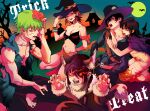  alternate_hair_color amachu_a animal_ears arm_behind_back armband bandeau barefoot biting black_bandeau black_hair blood blood_on_clothes bracelet breasts brown_hair chainsaw_man claw_pose cleavage commentary cowboy_hat denji_(chainsaw_man) dress exposed_brain fangs full_moon glowing glowing_eye green_hair hair_over_one_eye hat hat_tip highres jewelry long_dress medium_breasts mifune_fumiko moon navel nayuta_(chainsaw_man) neck_biting open_mouth orange_skirt pelvic_curtain purple_scarf scarf simple_bat skirt smile stitches tombstone tongue tongue_out tree trick_or_treat vampire werewolf_costume white_dress witch_hat wolf_ears yellow_eyes yoru_(chainsaw_man) yoshida_hirofumi 