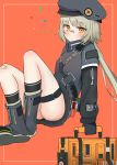  1girl absurdres bandaid bandaid_on_knee bandaid_on_nose beret blush boots commentary_request finesoda full_body girls_frontline gloves grey_hair hat highres hips hs2000_(girls_frontline) long_hair orange_background ponytail simple_background sitting solo trench_coat yellow_eyes 