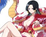  1girl absurdres animal black_hair blue_eyes boa_hancock breasts cleavage commentary_request crop_top crossed_legs earrings highres hime_cut jewelry kasuga_kaya korean_commentary long_hair long_sleeves looking_ahead navel one_piece plunging_neckline red_shirt salome_(one_piece) shirt snake snake_earrings 