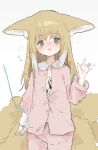  1girl animal_ears arknights bandaged_arm bandaged_wrist bandages blonde_hair blush breath buttons commentary cowboy_shot fluffy flying_sweatdrops green_eyes hand_up highres long_hair long_sleeves looking_at_viewer material_growth motion_lines multicolored_hair nose_blush open_mouth oripathy_lesion_(arknights) pajamas pants partially_unbuttoned pink_pajamas pink_pants pink_shirt shirt simple_background sketch smile solo split_mouth standing streaked_hair suzuran_(arknights) sweat tail unitedunti waving white_background white_hair yellow_tail 