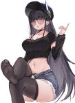  1girl absurdres azur_lane black_choker black_hair black_shirt black_thighhighs blunt_bangs bra_strap breasts choker cleavage commentary crop_top crossed_legs cutoffs foot_out_of_frame grey_shorts hand_up hat highres large_breasts long_hair midriff navel no_shoes noshiro_(azur_lane) ribbed_shirt shirt short_shorts shorts simple_background single_bare_shoulder sitting solo stomach sunglasses thighhighs thighs very_long_hair white_background yuanqi_(chriu) 