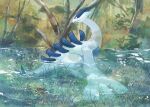  animal_focus black_eyes bright_pupils closed_mouth day forest full_body highres lake looking_back lugia nature no_humans outdoors plant pokemon pokemon_(creature) ripples solo volpecorvo water white_pupils 