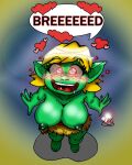 areola big_breasts blonde_hair blue_background blush blush_lines breasts clothed clothing crazycowproductions dialogue eyelashes female goblin grass_skirt green_areola green_body green_nipples green_skin hair heart_symbol high-angle_view humanoid humanoid_pointy_ears impregnation_request looking_at_viewer nipples open_mouth pink_eyes short_hair simple_background solo speech_bubble text topless yellow_background 