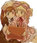  2girls :o bad_id black_ribbon blonde_hair bow brown_hair chestnut_mouth dot_nose drill_hair foreshortening frilled_sleeves frills green_eyes grin hair_bow hand_up hatching_(texture) head_scarf heads_together heterochromia hinaichigo holding lace-trimmed_bow lace-trimmed_sleeves lace_trim layered_sleeves linear_hatching lolita_fashion long_hair long_sleeves looking_at_another looking_down looking_to_the_side multiple_girls muted_color neck_ribbon open_mouth outstretched_arms pink_bow red_eyes red_ribbon ribbon rozen_maiden side-by-side simple_background sitting smile suiseiseki v-shaped_eyebrows white_background wide_sleeves yuutarou 