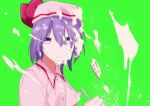  1girl cake closed_mouth collared_shirt commentary_request cookie_(touhou) expressionless food fork green_background hair_between_eyes hat hisaka_(cookie) icing kebabu_01 long_bangs looking_at_viewer looking_to_the_side mob_cap pink_hat pink_shirt purple_hair remilia_scarlet sexually_suggestive shirt short_hair solo touhou upper_body v-shaped_eyebrows 