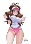  1girl achromaru alternate_breast_size antenna_hair ass_visible_through_thighs bare_arms bare_shoulders baseball_cap big_hair bikini bikini_bottom_only blue_eyes blush breasts brown_hair embarrassed hands_up hat highres hilda_(pokemon) impossible_clothes impossible_shirt large_breasts long_hair no_pants nose_blush open_clothes open_vest parted_lips pokemon pokemon_bw raised_eyebrow shirt sleeveless sleeveless_shirt solo surprised sweat swimsuit vest white_shirt wristband 