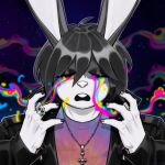  anthro arthur_(lapinbeau) bodily_fluids clothing crying eyes_closed hi_res jacket jewelry lagomorph lapinbeau leather leather_clothing leather_jacket leather_topwear leporid male mammal necklace open_mouth rabbit rainbow solo tears topwear 