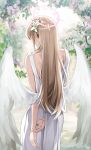  1girl absurdres angel_wings arms_behind_back blue_archive dress feathered_wings flower from_behind hair_flower hair_ornament halo highres light_brown_hair long_hair nagisa_(blue_archive) ori_(0rizuru) pink_flower pink_halo revision solo white_dress white_flower white_wings wings 