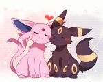  black_fur blush closed_eyes closed_mouth espeon forehead_jewel forked_tail heart hyrell markings no_humans pokemon pokemon_(creature) purple_fur sitting smile tail two-tone_fur umbreon yellow_fur 