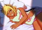  1girl bare_arms bare_shoulders bed blonde_hair collarbone commentary_request dark-skinned_female dark_skin demon_girl demon_horns fang horns light_blush long_bangs looking_at_viewer lying neko_040 on_bed on_side opening_door orange_eyes original pillow red_eyes seductive_smile shiny_skin short_shorts shorts smile solo tan teasing thick_thighs thighs two-tone_eyes yes yes-no_pillow 