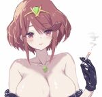  1girl armpit_crease bare_shoulders black_gloves bob_cut breasts cigarette closed_mouth collarbone commentary_request core_crystal_(xenoblade) gloves highres holding holding_cigarette large_breasts looking_at_viewer medium_hair pyra_(xenoblade) red_eyes red_hair simple_background smile smoke solo sweat takumi_(user_xmwf4727) tiara upper_body white_background xenoblade_chronicles_(series) xenoblade_chronicles_2 