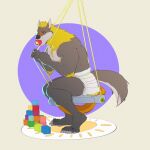1:1 2024 alternate_version_at_source anthro arm_tuft baby_bouncer black_sclera canid canine canis clean_diaper clothed clothing diaper diaper_only elbow_tuft fur grey_body grey_fur hi_res male mammal muscular muscular_anthro muscular_male object_in_mouth pacifier pacifier_in_mouth solo syeenyeen topless toy_block tuft wolf yellow_body yellow_eyes yellow_fur