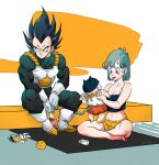  1girl 2boys :/ amachu_a armor baby baby_bottle barefoot black_camisole black_hair blue_hair boots bottle breasts bulma camisole character_doll cleavage cola commentary crop_top dragon_ball dragon_ball_(object) dragon_ball_z english_commentary gloves highres indian_style medium_breasts midriff monkey_tail multiple_boys muscular muscular_male navel orange_shorts short_shorts shorts signature sitting soda_bottle spaghetti_strap tail tongue tongue_out toninjinka trunks_(dragon_ball) vegeta white_footwear white_gloves 