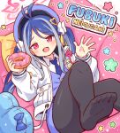  1girl antenna_hair black_pantyhose blue_archive blue_hair blue_hat blue_necktie blue_skirt blue_vest blush character_name collared_shirt doughnut food fubuki_(blue_archive) grey_hair halo hat holding holding_food jacket long_hair long_sleeves looking_at_viewer multicolored_hair necktie onyhakase open_clothes open_jacket open_mouth pantyhose peaked_cap pink_halo red_eyes shirt skirt soles solo toes twintails vest white_jacket white_shirt 