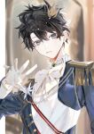  1boy belt black_hair blue_eyes bow crown epaulettes fate/grand_order fate_(series) fujimaru_ritsuka_(male) fujimaru_ritsuka_(male)_(halloween_royalty) gloves hair_ornament highres jacket long_sleeves looking_at_viewer male_focus mini_crown official_alternate_costume sasakitogd shirt short_hair solo white_bow white_gloves 