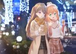  2girls :d aqua_eyes aran_sweater beanie black_pantyhose black_skirt blurry blurry_background blush bokeh brown_coat brown_hair brown_scarf brown_skirt brown_sweater cable_knit coat coffee coffee_cup commentary_request cowboy_shot cup dating depth_of_field disposable_cup eye_contact fujishima_megumi hair_ornament hat heart hinoshita_kaho holding_hands interlocked_fingers jacket link!_like!_love_live! long_hair long_sleeves looking_at_another looking_to_the_side love_live! medium_hair multiple_girls official_alternate_costume open_mouth orange_hair pantyhose photo_background pink_sweater plaid plaid_skirt pom_pom_(clothes) pom_pom_beanie purple_eyes scarf skirt smile sweater turtleneck turtleneck_sweater two_side_up virtual_youtuber white_hat white_jacket winter_clothes yuri yutuki_ame 