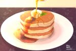  airihanezora artist_name butter clip_studio_paint_(medium) dated food food_focus maple_syrup no_humans original pancake pancake_stack plate pouring syrup table 
